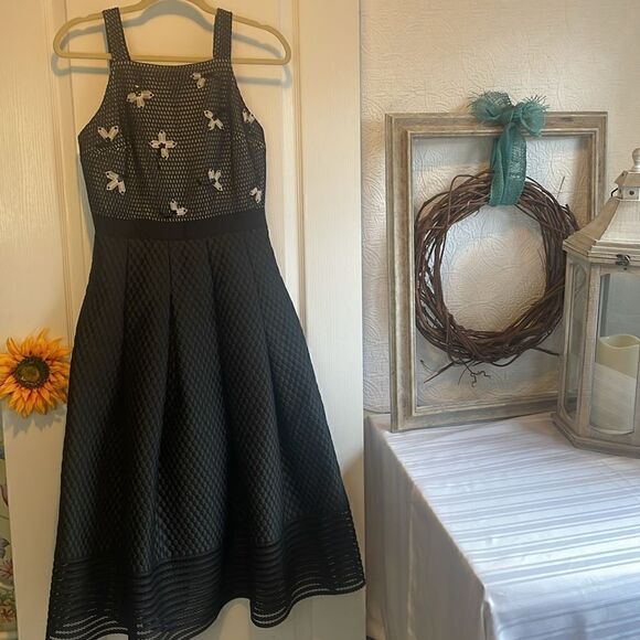 Noir Sachin & Babi Quilted Black Box Pleat Mesh Top Sequin Midi Dress Size 4 - Picture 3 of 16